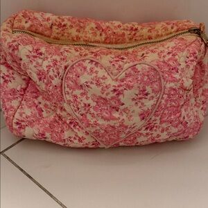 LoveShackFancy Pink Floral Quilted Heart Cosmetic Pouch